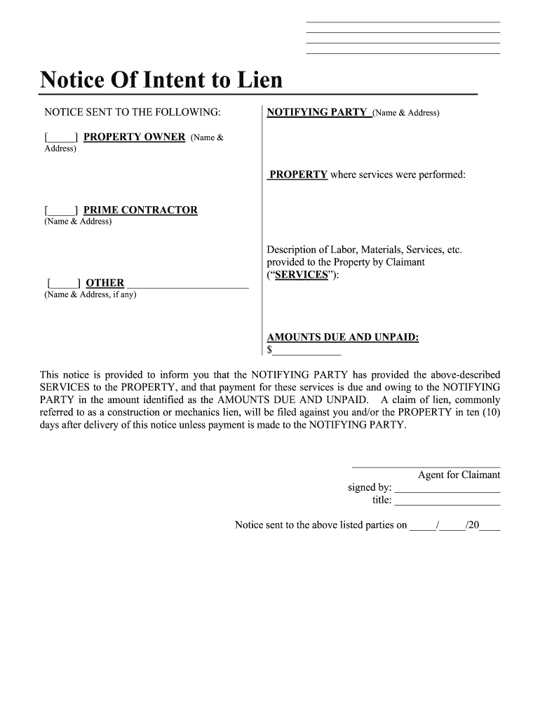 Notice of Intent to Lien Illinois PDF  Form